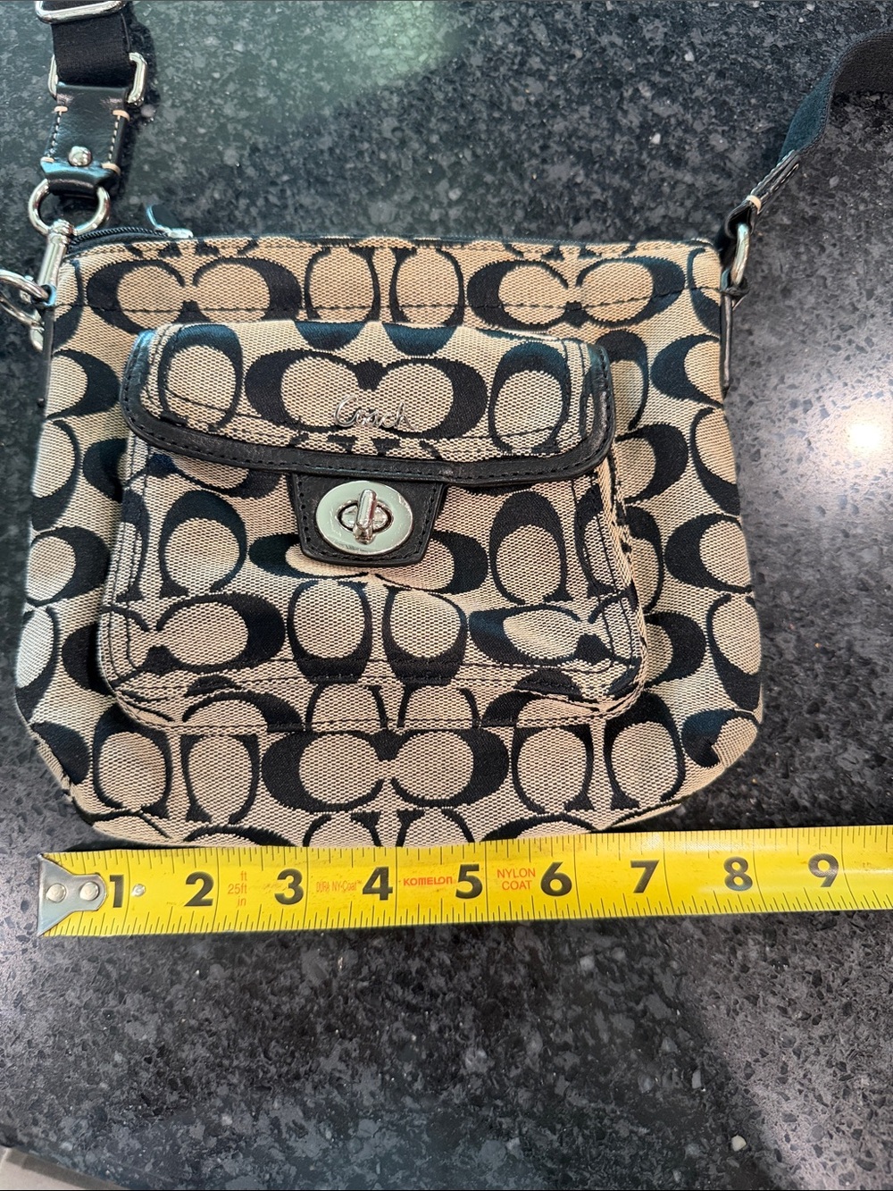 Coach Black and Tan Logo Crossbody with Front Turn-Lock Pocket